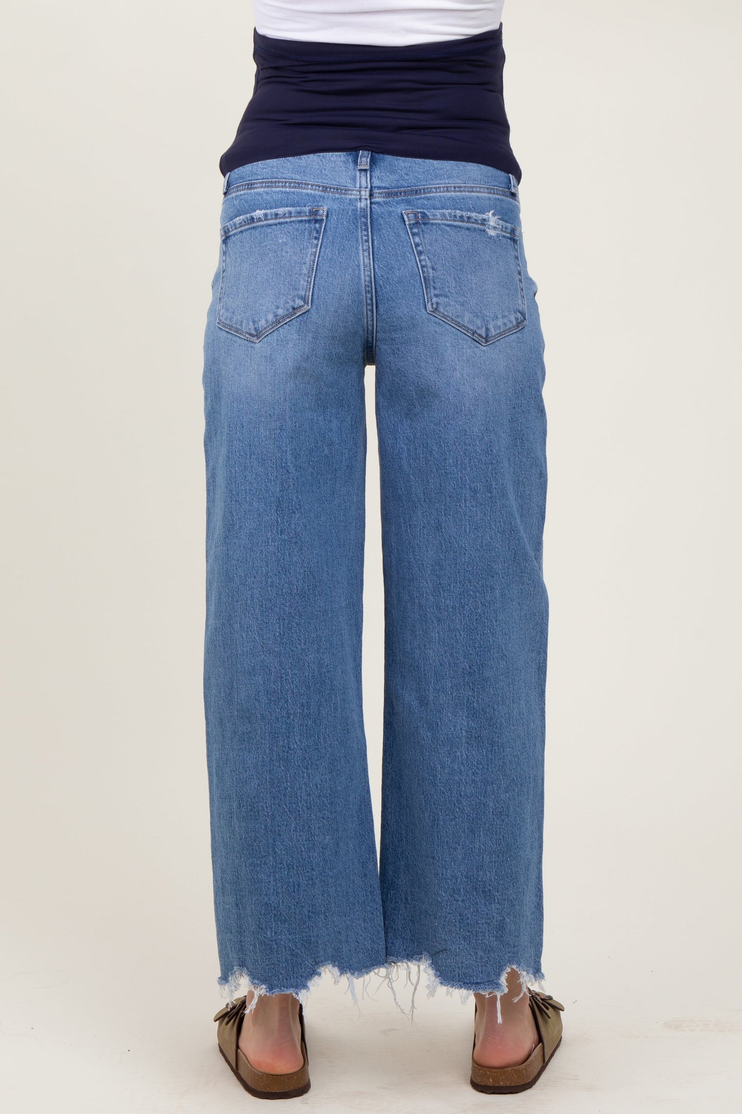 Blue Distressed Fringe Open Knee Cropped Wide Leg Maternity Jeans