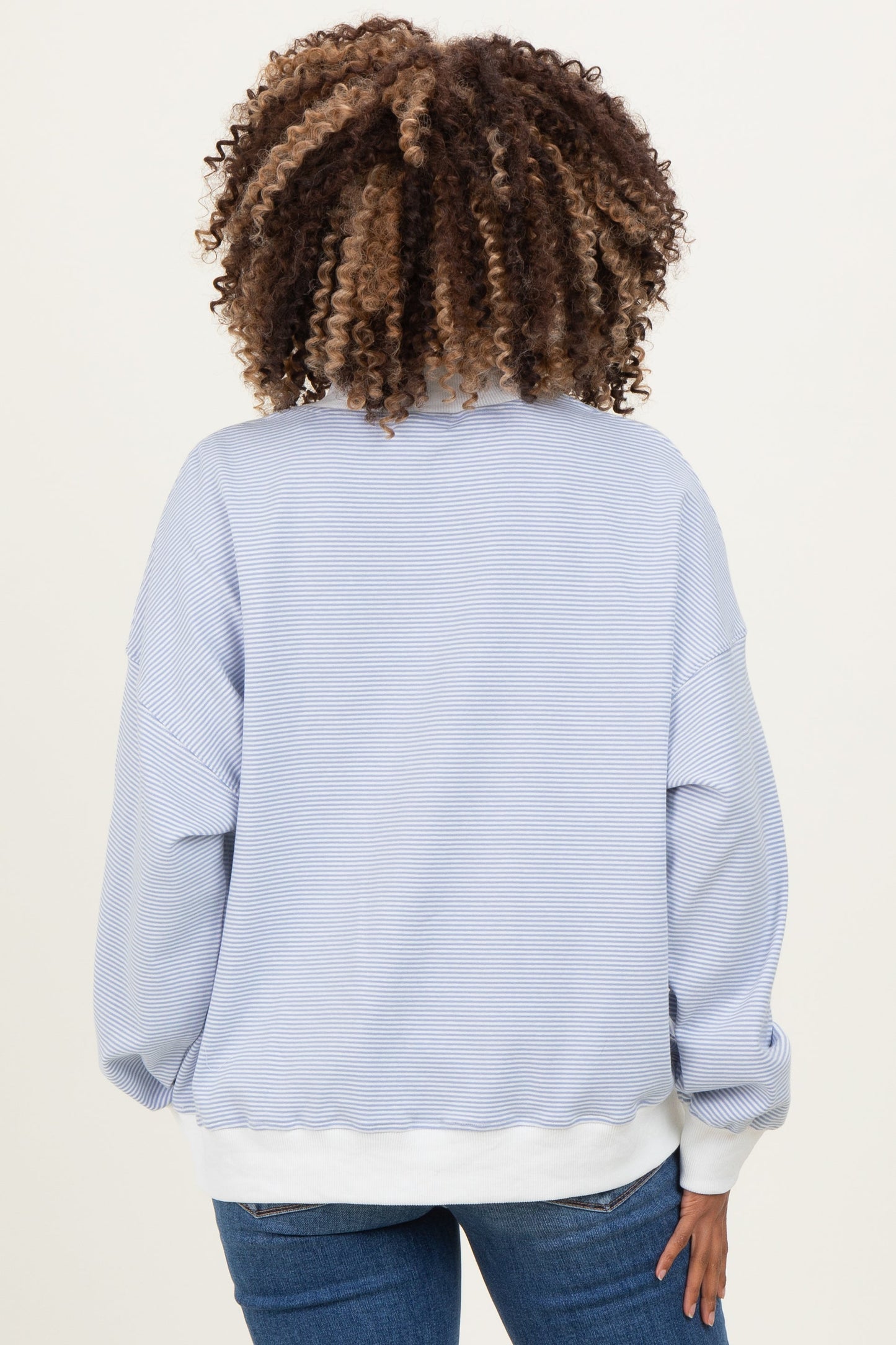Light Blue Striped Mock Neck Maternity Sweatshirt