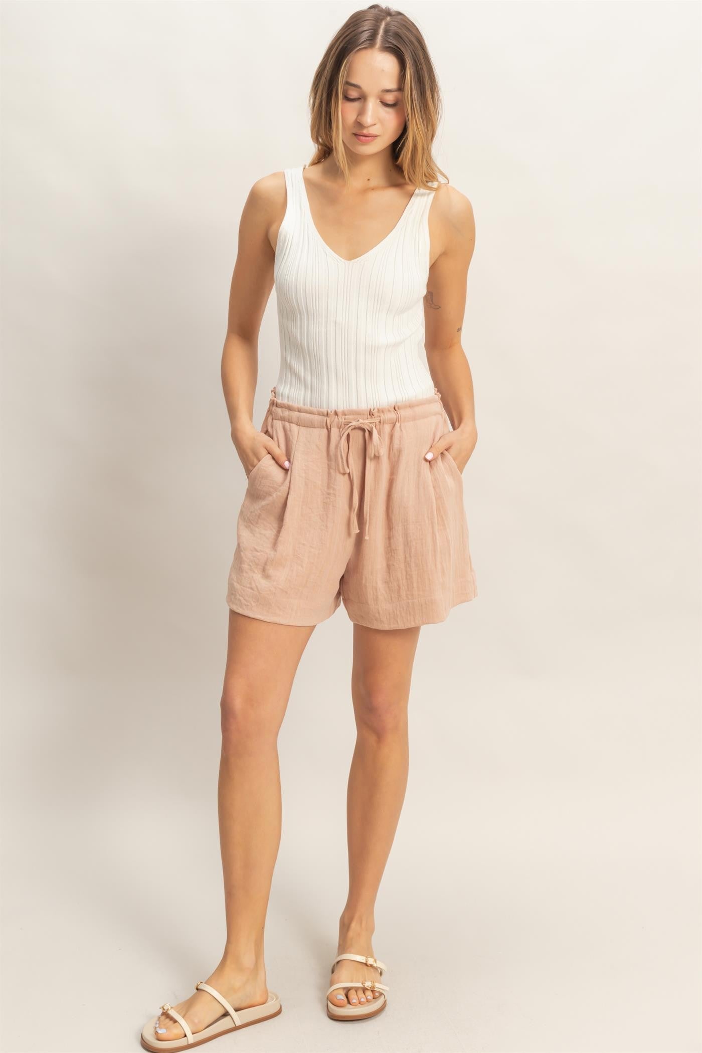 Peach Drawstring Pleated Maternity Shorts