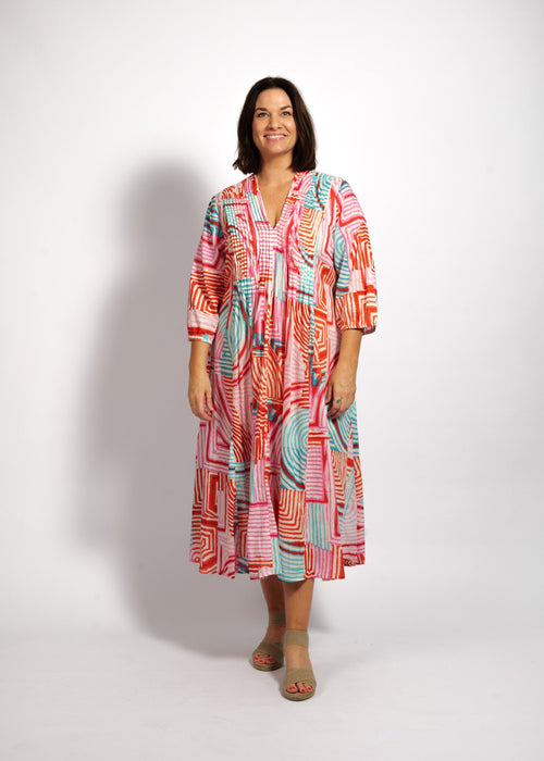 Freya Dress in Aqua Pink Geo