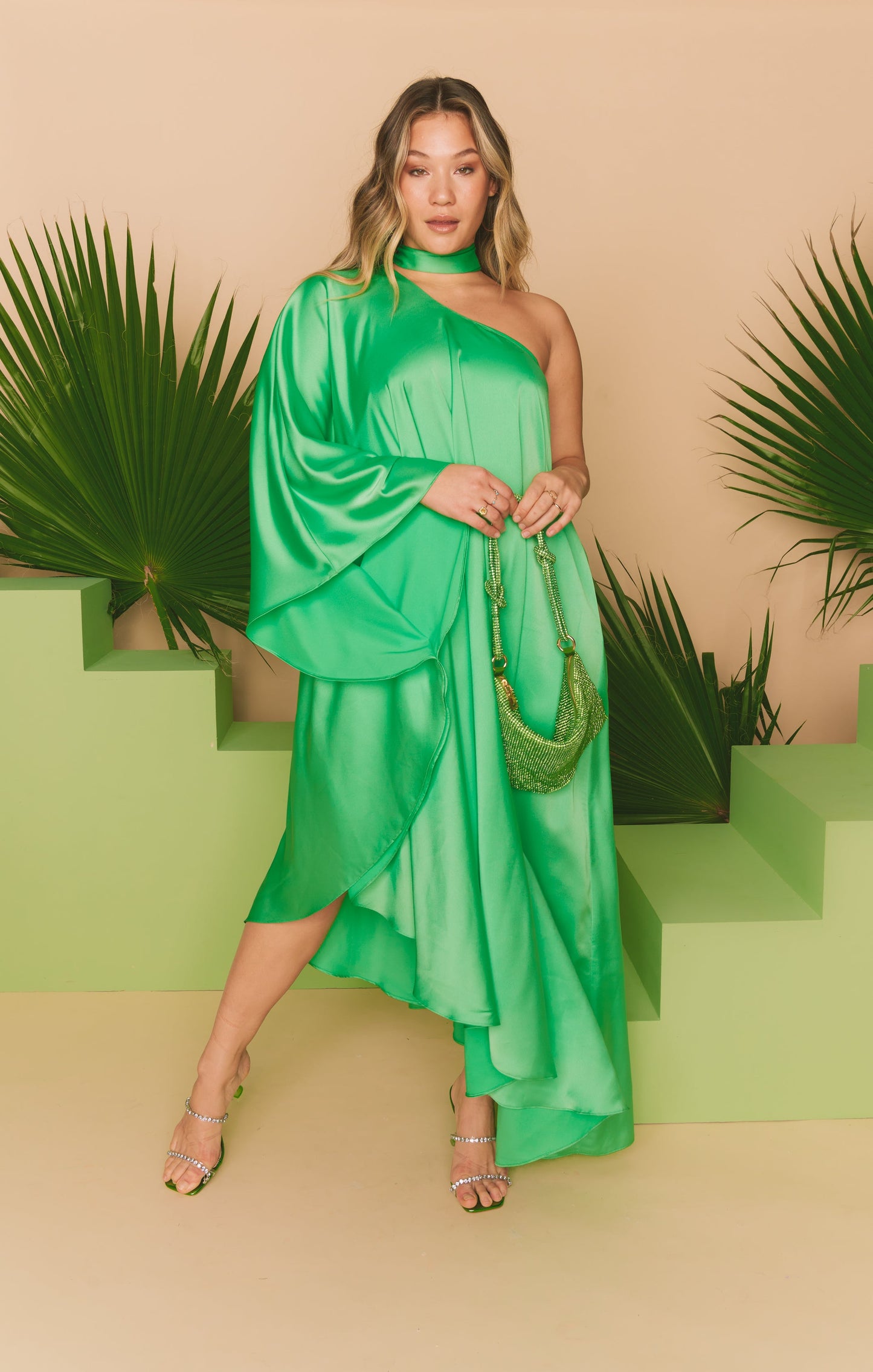 Rhea One Shoulder Dress ~ Kiwi Luxe Satin