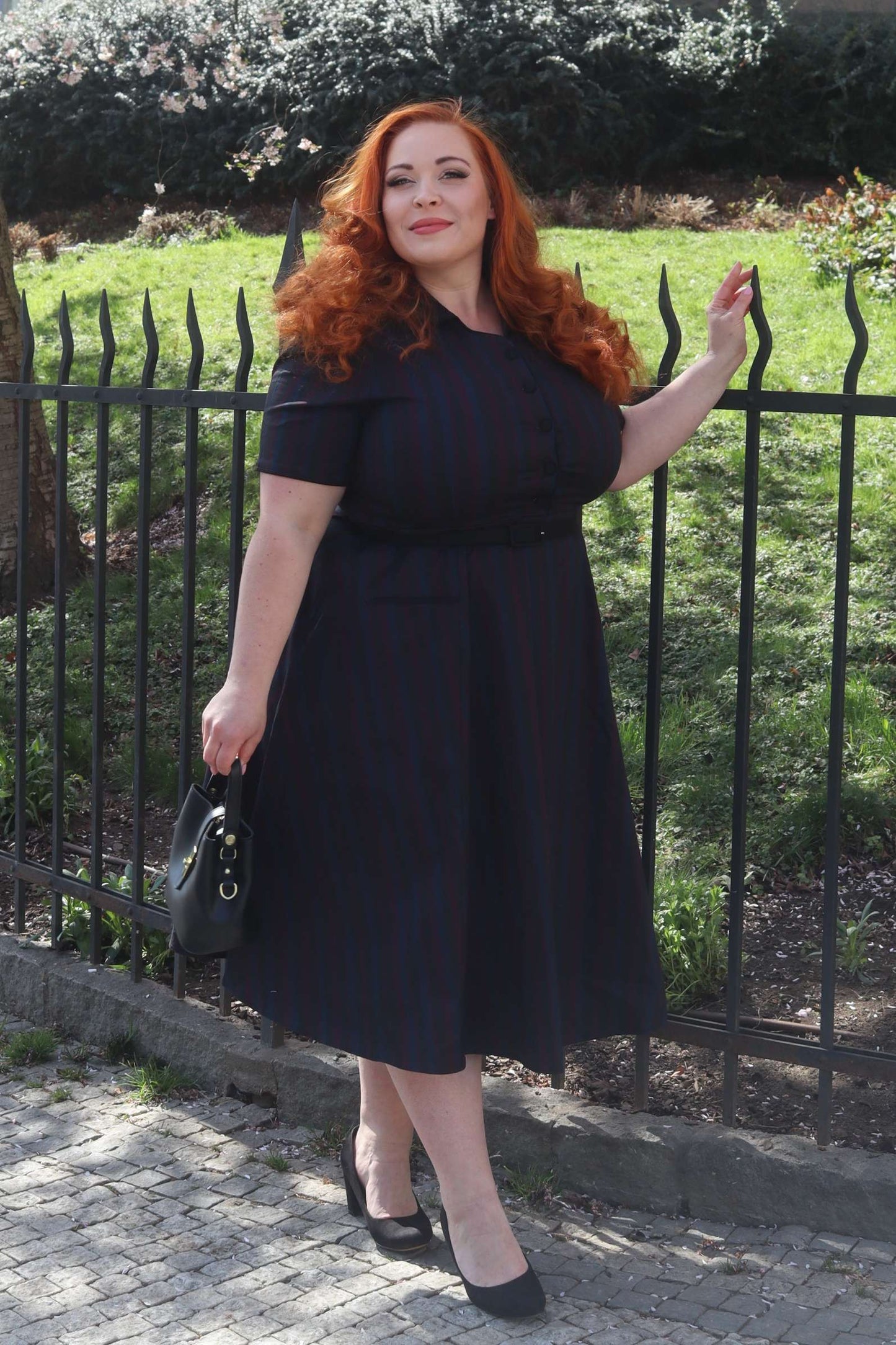 Mabel Rockabilly Striped Shirt Dress In Navy Blue