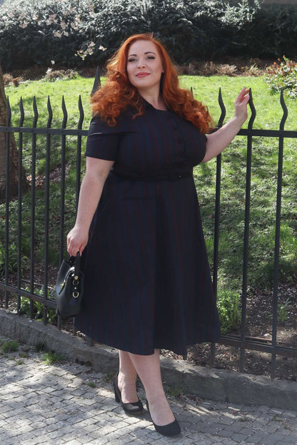 Mabel Rockabilly Striped Shirt Dress In Navy Blue