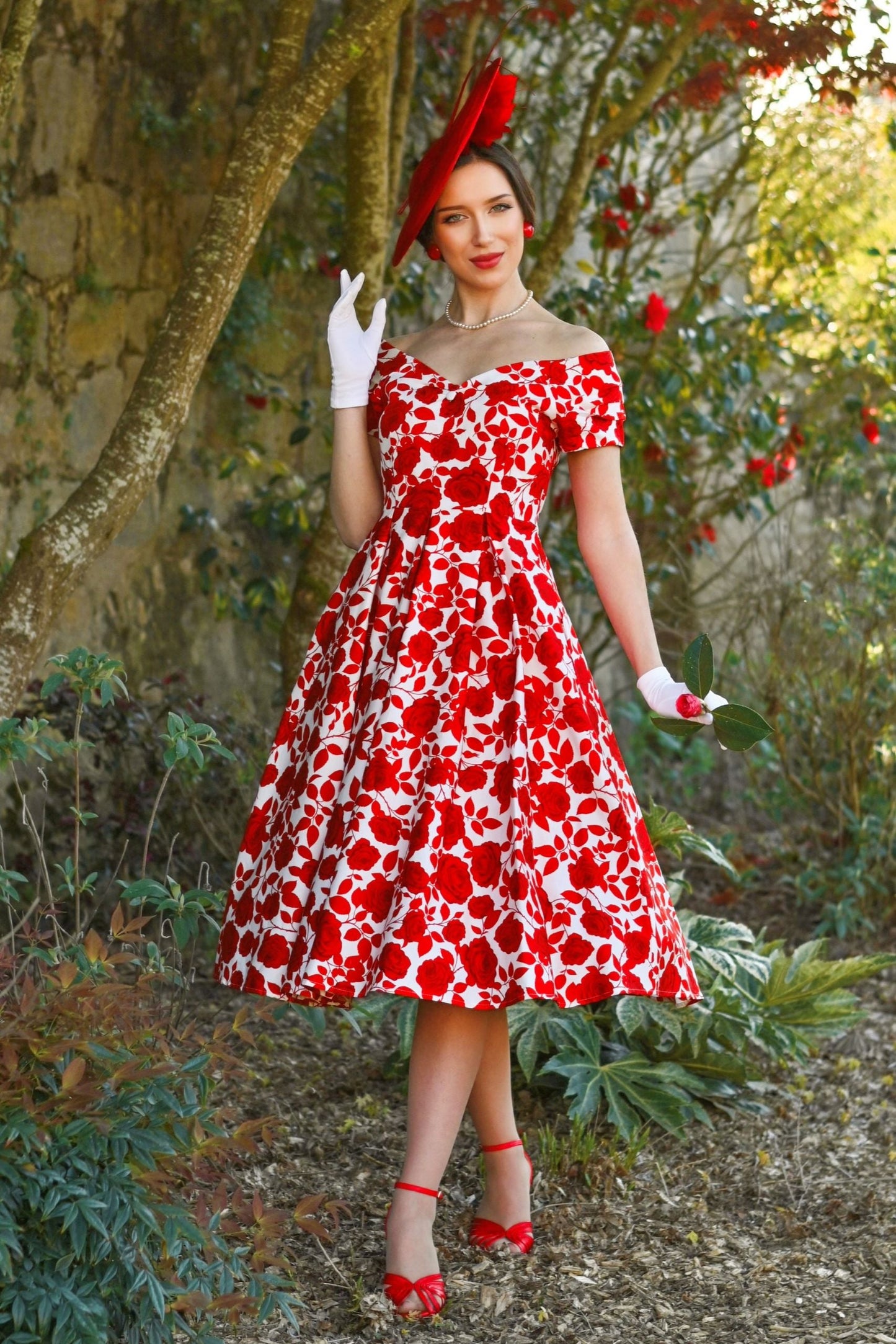 Lily Red Shadow Rose Off Shoulder Dress