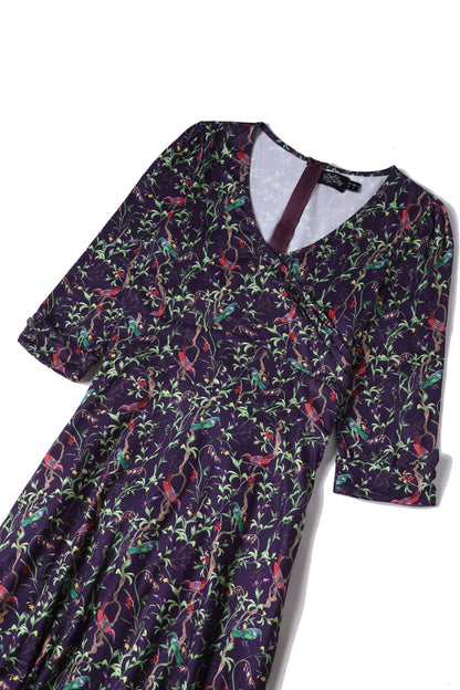 Katherine Purple Bird Long Sleeved Dress