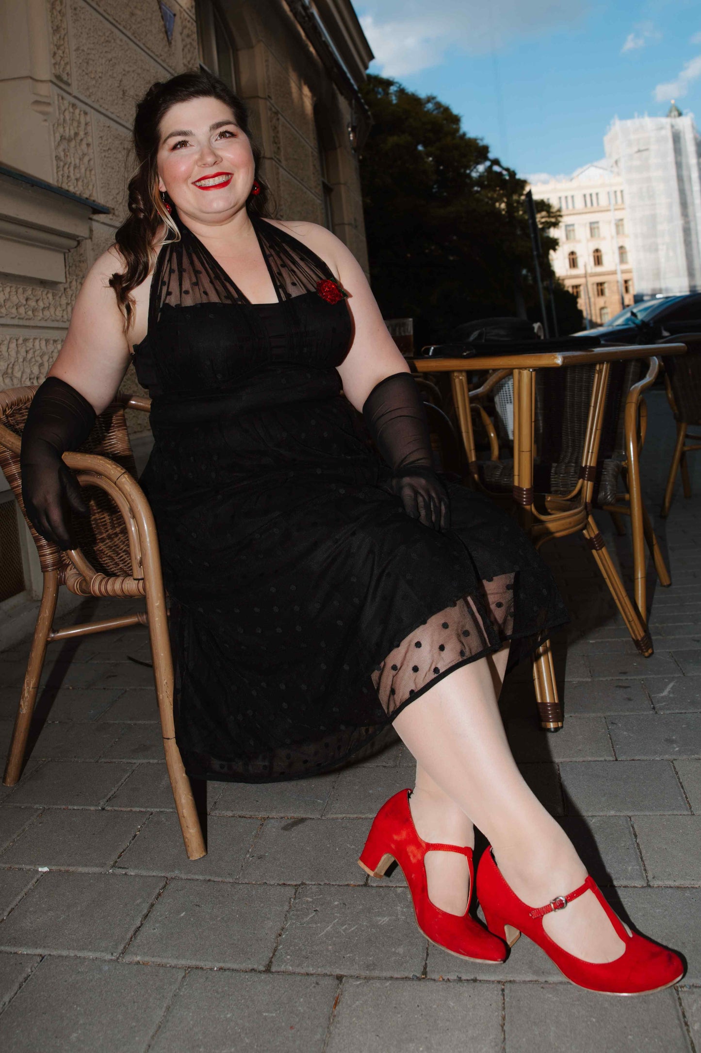 Dorothea Black Polka Dot Mesh Halter Dress