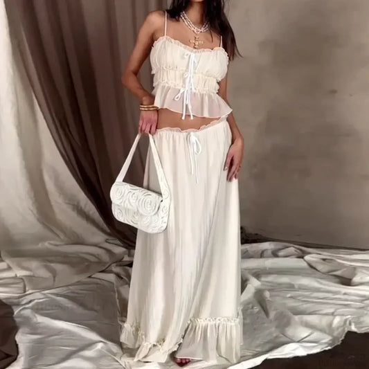 Ruffles Tie-Up Front Camis Crop Top Maxi Skirt Two Pieces Set